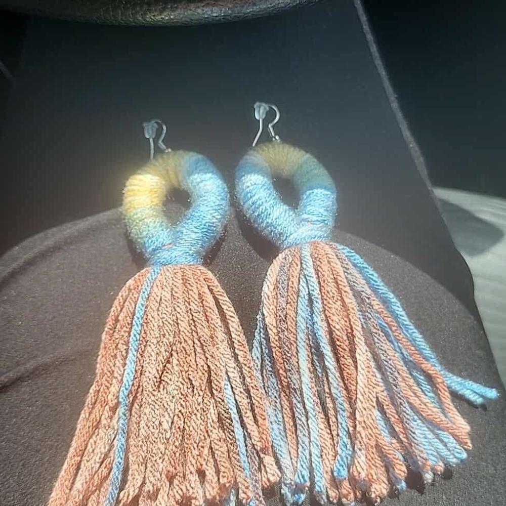 Elegant Blue and Tan Tassel Earrings